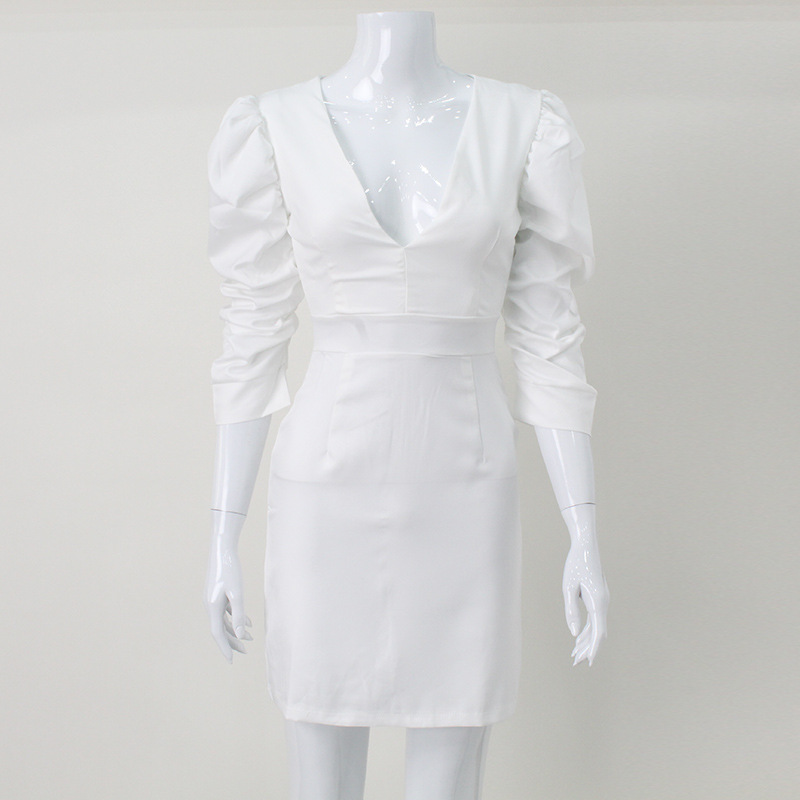Spring Arrival White Short Sleeve Deep V Plunge Retro High Waist Backless Oversleeves Dress 5 Spring Arrival White Short Sleeve Deep V Plunge Retro High Waist Backless Oversleeves Dress