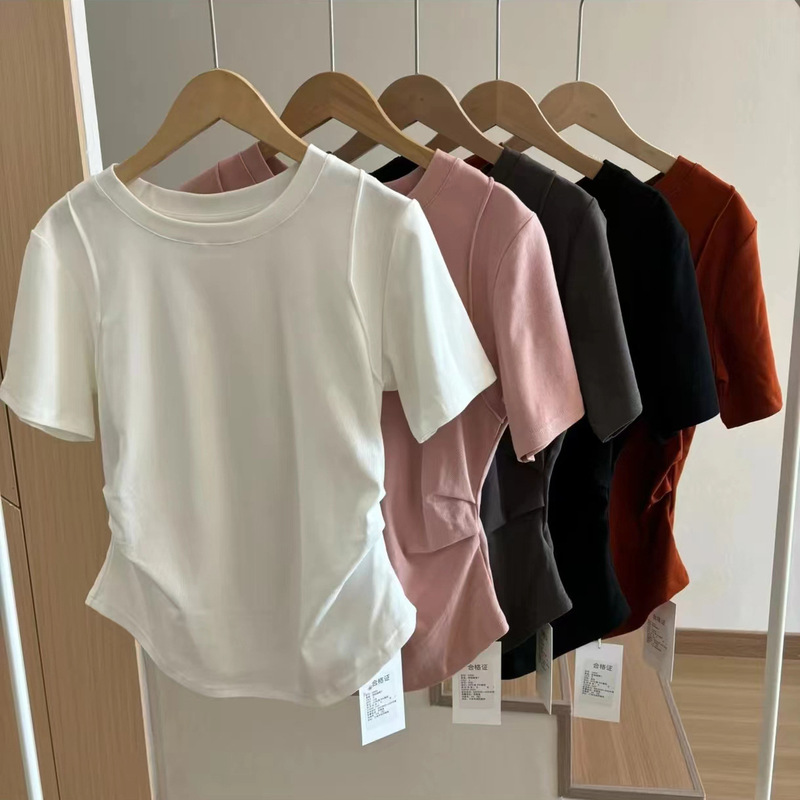 Large Size Double Waistline Shoulder Short-sleeved T-shirt Women's 2024 Summer Pure Cotton Slimming Base Shirt for Chubby Girls Design Sense Top