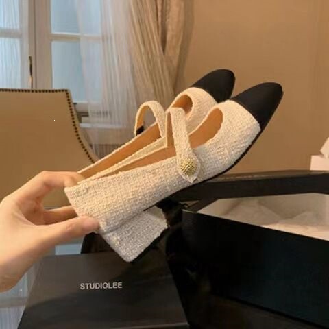Fabric Color-Blocked Mary Jane Shoes for Women, Mid-Heel Shoes, Early Spring New Style, Large Size 42, Single-Strap Chunky Heel Shoes, Women's Shallow Mouth Single Shoes