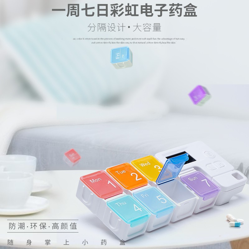 One-week smart timed reminder electronic portable compartmentalized pill storage box