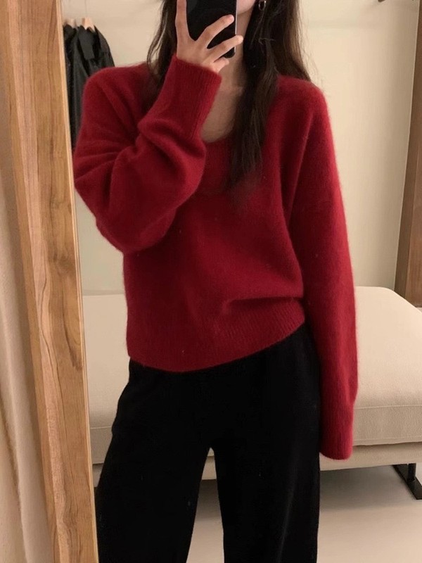 孔雀蓝v领套头毛衣女秋冬新款慵懒风外穿针织衫软糯短款套头上衣|undefined