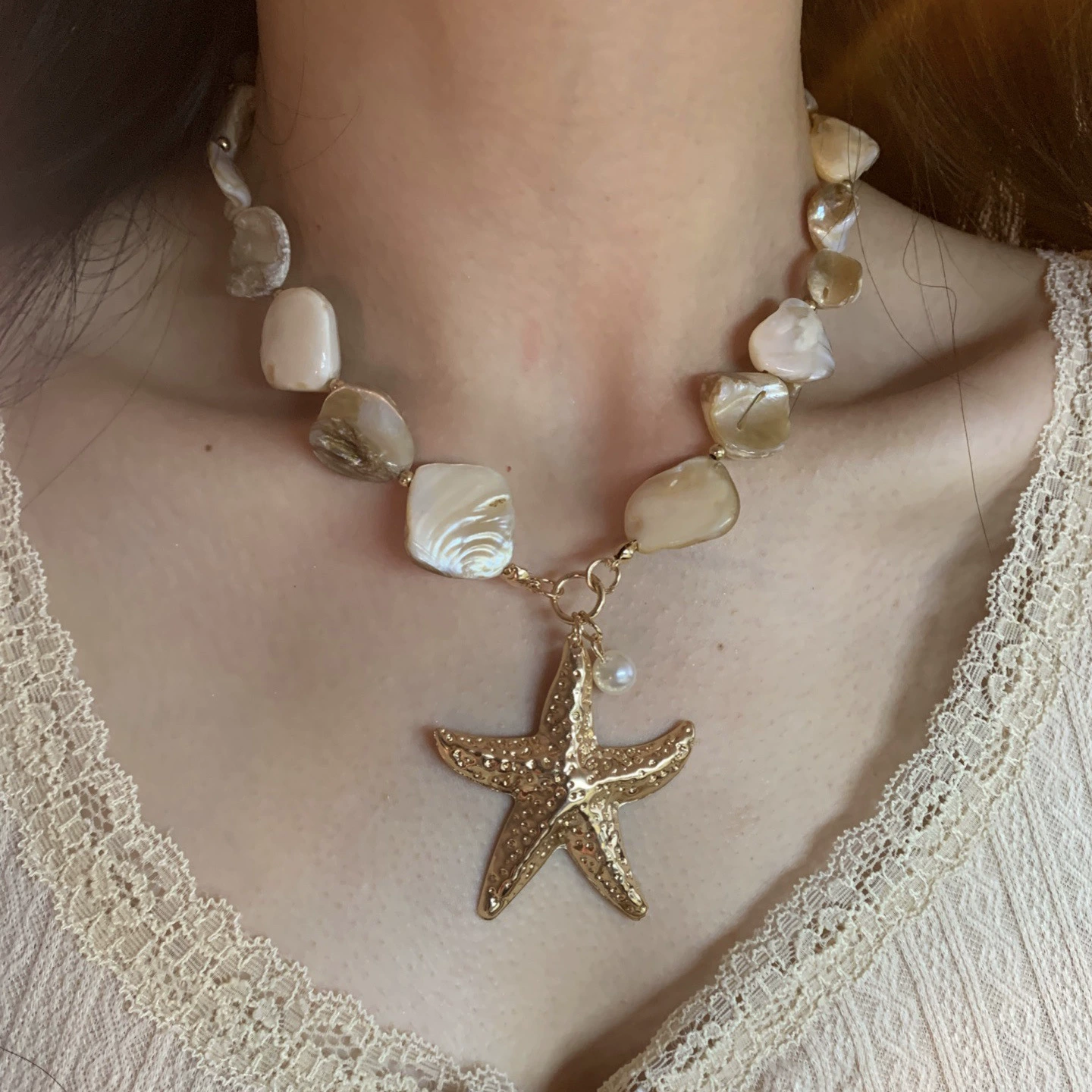 Ожерелье из жемчуга в стиле морского курорта с бисером и морской звездой, трансграничное темпераментное ожерелье на ключице, нишевое высококачественное легкое роскошное ювелирное изделие для женщин