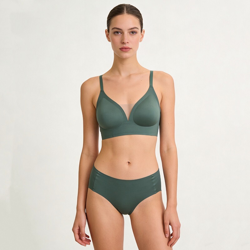 Seamless soft support underwear women's mesh v-neck thin breathable wireless seamless soft comfortable bra suit