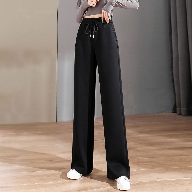 休闲阔腿裤垂坠感女2024春秋款裤子深灰色高腰显瘦宽松直筒运动裤|undefined