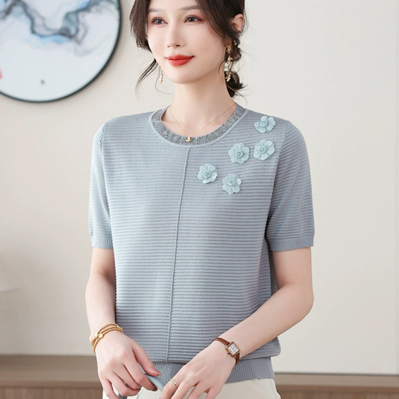 Мама летняя рубашка с короткими рукавами из ледяного шелка иностранная рубашка 2025 новый средний и пожилой женский тонкий стильный трикотажный топ