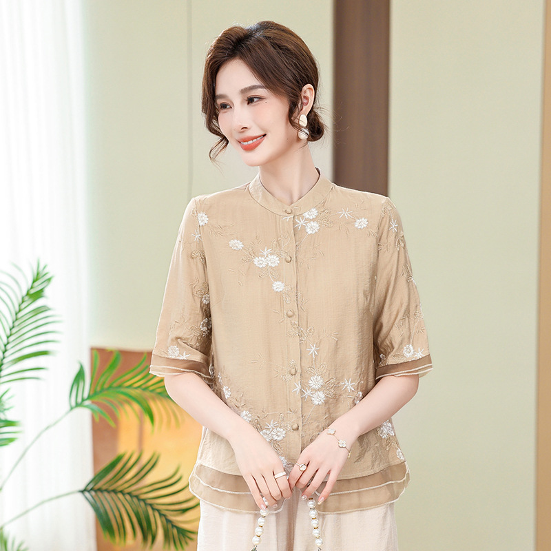 Women's Retro Ethnic Style Embroidered Ramie Top Two-Piece Set Women's Summer New Cotton and Linen Wide-Leg Pants Casual suit