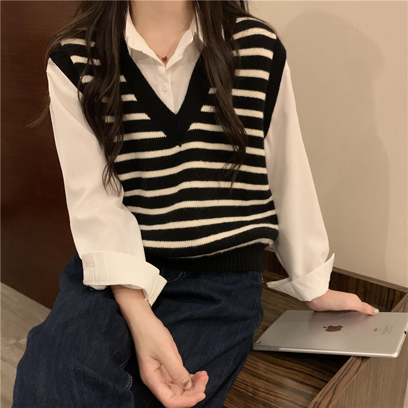V领条纹针织马甲女2025新款早秋薄款无袖坎肩背心叠穿学院风上衣|undefined
