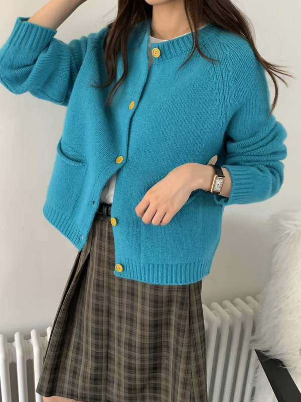 毛衣宽松慵懒女圆领纯色百搭宽松韩系卷边口袋毛衣针织开衫A7024|undefined