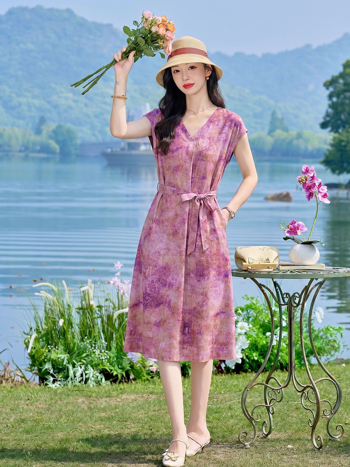 Đầm maxi nữ V cổ thắt eo họa tiết hoa nhí — xanh lam, màu vàng, màu đỏ