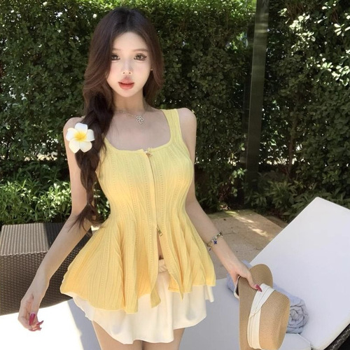 2025 summer new women's clothing, sexy sexy slim square collar, ruffled knitted halter vest top