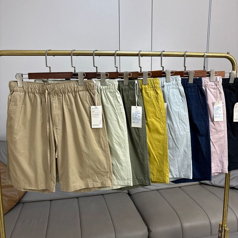 Japanese-Style Washed Cotton Shorts for Men, Summer Loose-Fitting Five-Point Pants with Drawstring Elastic Waist, American-Style Casual Straight-Leg Mid-Length Pants