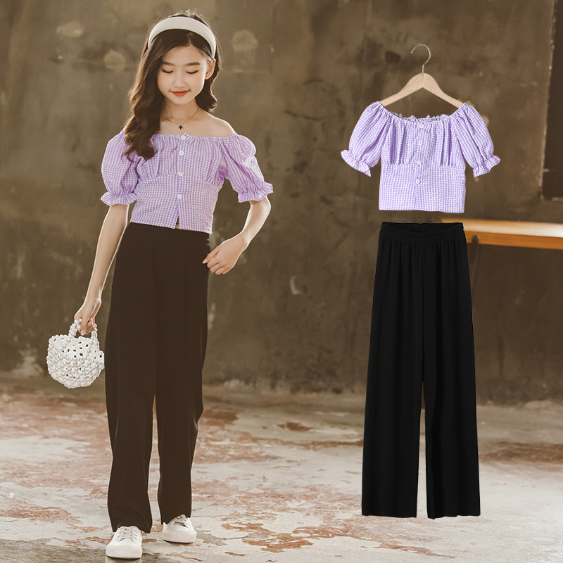 2021女童复古方领上衣夏季新款法式荷叶边泡泡短袖短款两件套代发|ru