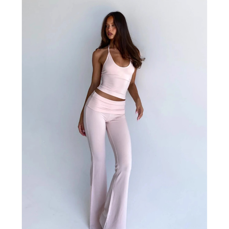 European and American Style Unbranded Spicy Girl Lightweight Light Pink Yoga Flared Pants Sports Halter Neck Tank Top 1778