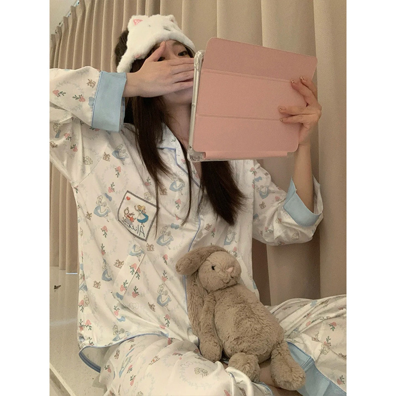 爱丽丝冰丝睡衣女款春秋季长袖花边甜美休闲套装夏天家居服可外穿|undefined