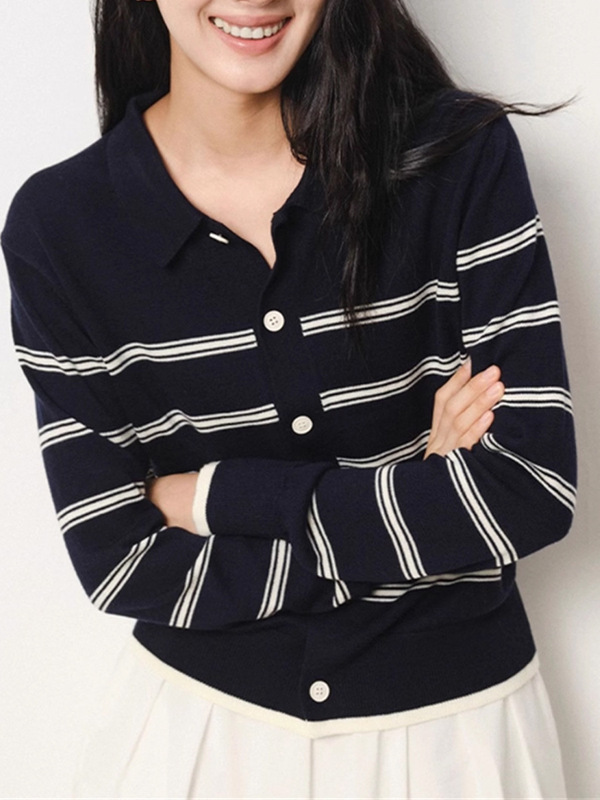 藏青条纹polo领长袖针织开衫女早秋季慵懒高级感宽松软糯翻领上衣|undefined