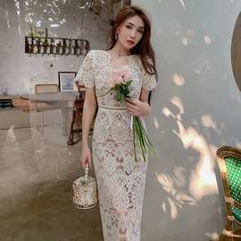 2026年夏装新款女装 水溶蕾丝性感V领短袖长裙收腰显瘦连衣裙礼服
