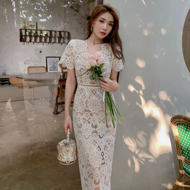 2025年夏装新款女装 水溶蕾丝性感V领短袖长裙收腰显瘦连衣裙礼服