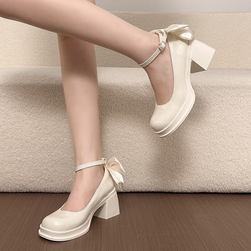 French-style bow Mary Jane women's shoes, 2026 new summer collection, elegant chunky heel single shoes to match skirts, high-heeled leather shoes