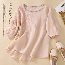 实拍短袖棉麻上衣文艺复古棉麻T恤小衫百搭宽松刺绣2025春夏新款