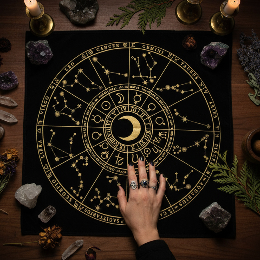 Tarot Tablecloth Twelve Constellation Moon Phase Tarot Cushion Black Single-sided Deerskin Fleece