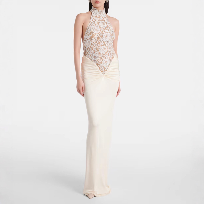 Cross-Border European and American Women's Halter Neck Banquet Evening Dress Sexy Backless Lace Splicing High Waist Hip Party Dress