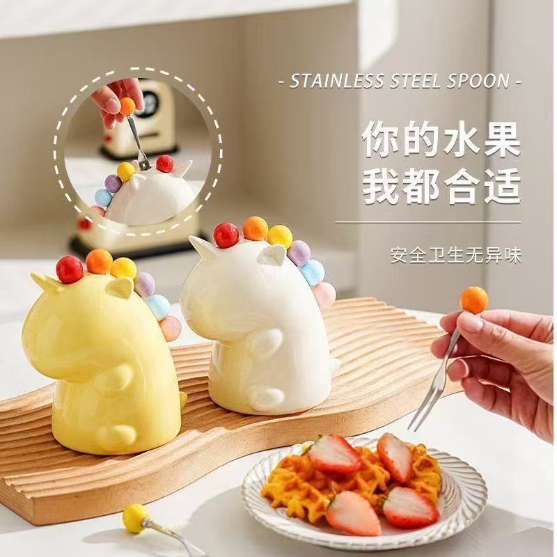 萌趣独角兽水果叉收纳罐彩色叉子套装家用高颜值儿童不锈钢甜品叉|undefined