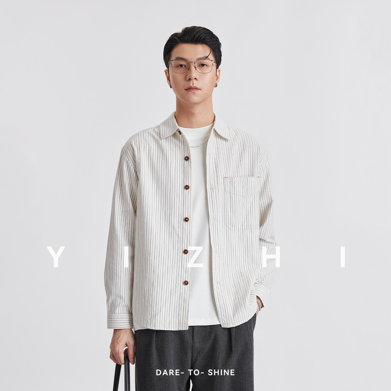 Also, vertical striped long-sleeved shirt, 2026 autumn men's loose-fit, dropped-shoulder, pocketed, color-block casual outerwear shirt Also, vertical striped long-sleeved shirt, 2026 autumn men's loose-fit, dropped-shoulder, pocketed, color-block casual outerwear shirt