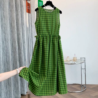 清新显白棉麻绿格子无袖收腰抽绳夏日连衣裙女圆领文艺旅行裙子