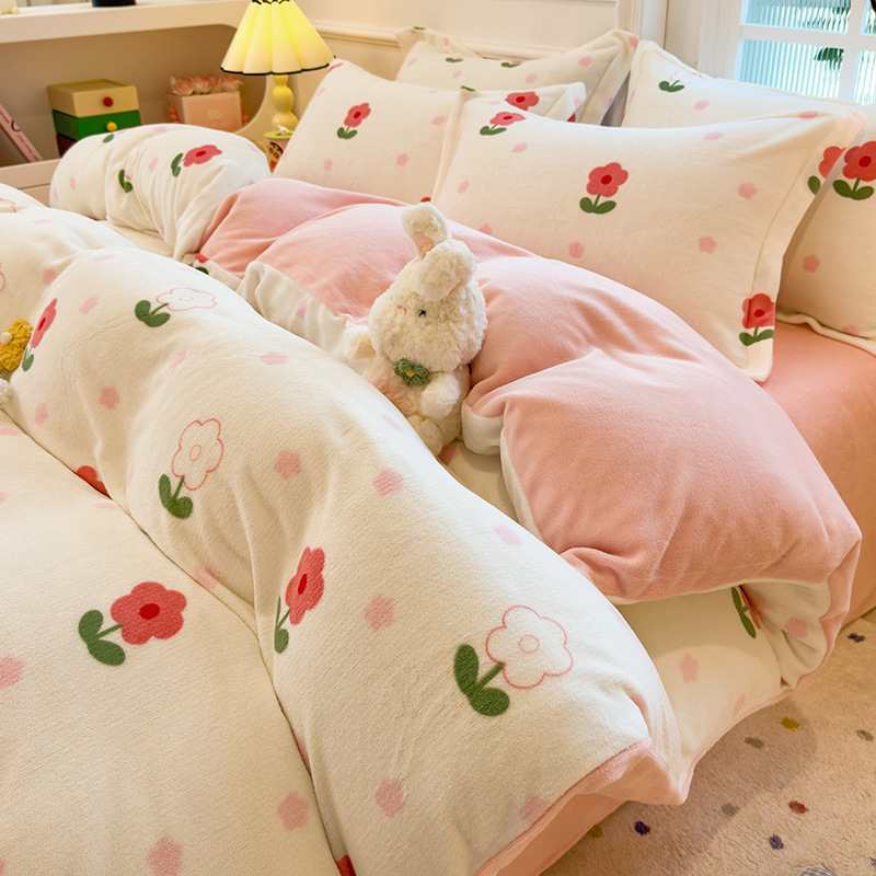 Invierno de coral cubierta de edredón de una sola pieza de invierno de peluche de doble cara de peluche de leche de cuatro piezas de cubierta de edredón de una sola persona engrosada