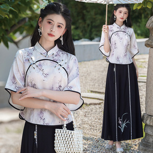 2025 Summer New Chinese Style Ink Bamboo Print Stand Collar Button-Up Improved Tang Suit Top Embroidered Skirt Suit