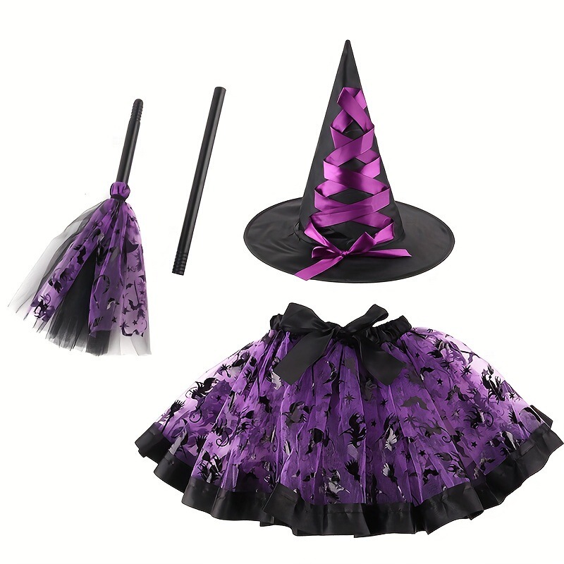 クロスボーダーハロウィンカボチャスカートスーツ魔女ほうき魔女帽子セットヨーロッパとアメリカのプリントメッシュチュチュスカートスーツ|undefined