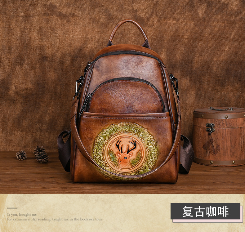 Ba lô da bò nữ cỡ lớn thiết kế đầu hươu phong cách vintage — Màu đen cổ điển, Cà phê cổ điển, Màu nâu cổ điển chi tiết 11
