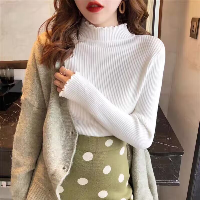 Women's Knitted Base Shirt with Foreign Style for Autumn and Winter 2024 New Arrival Elegant Slim-fit Sweater with Wood-ear Edge and Half-turtleneck