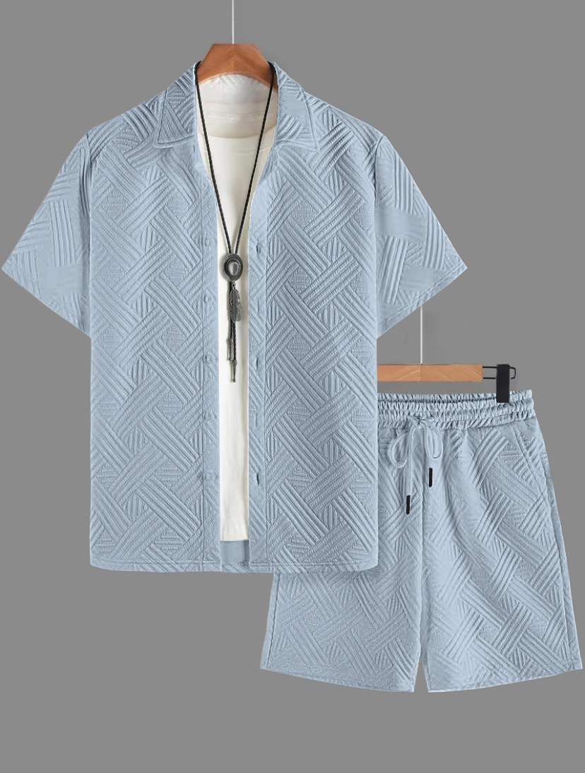 Nuevo comercio exterior transfronterizo nuevo hombre de verano Jacquard de color sólido con solapa Cardigan con solapa Casual camisa de manga corta set