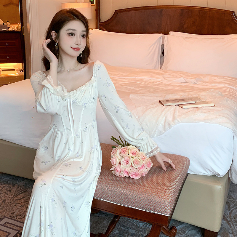 法式公主风碎花长袖睡裙女春夏季高级感收腰气质仙女风家居连衣裙|undefined