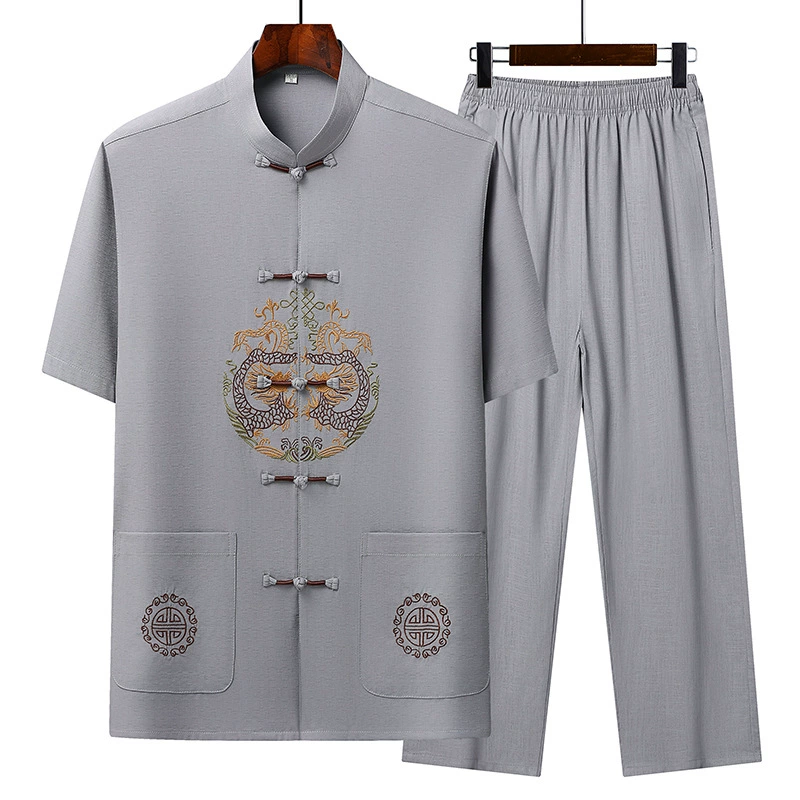 Фабрика прямых продаж пожилой костюм Tang мужской дедушка летний китайский стиль рубашки с короткими рукавами вышитый папа день рождения одежда
