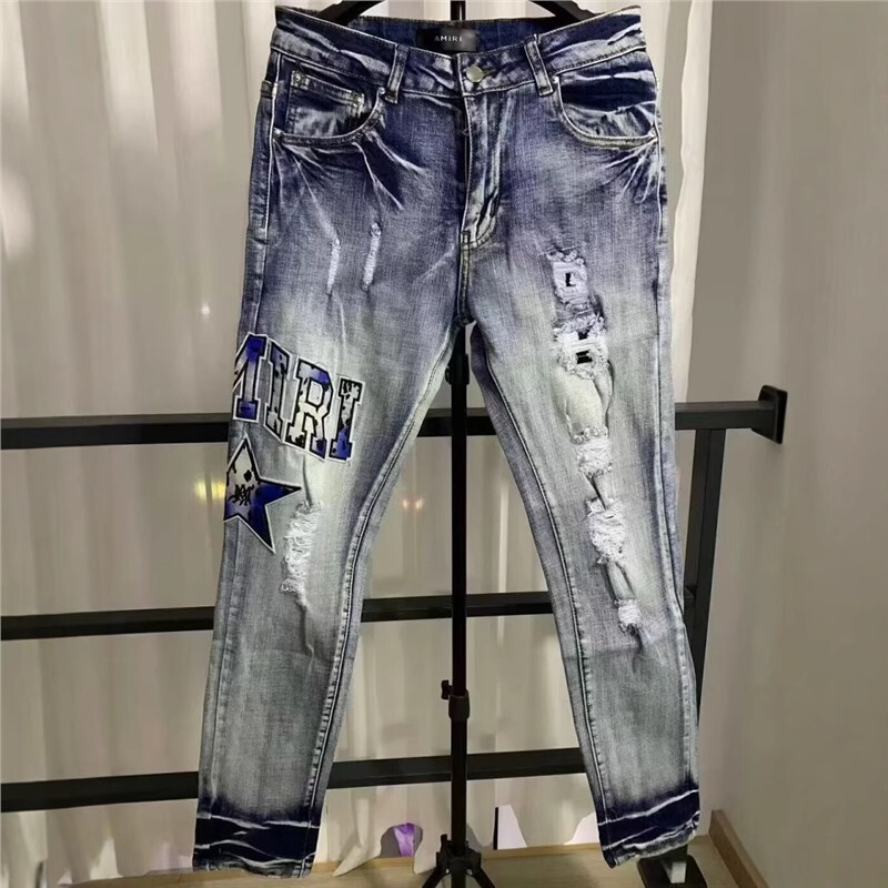 Cross-Border European and American Amiri Trendy Brand High Street Punk Ripped Patch Embroidered Slim Stretch Men's Jeans