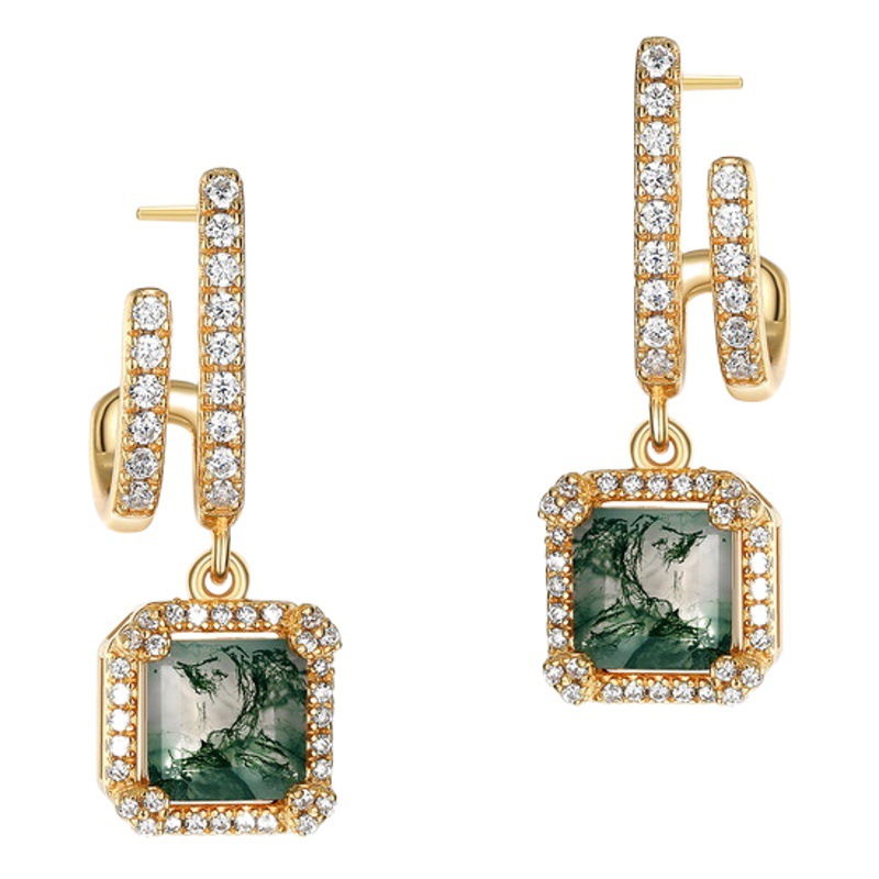 Nuevo producto transfronterizo para S925 plata verde musgo pendientes femeninos de ágata acuática estilo europeo y americano Luz de lujo en stock generación