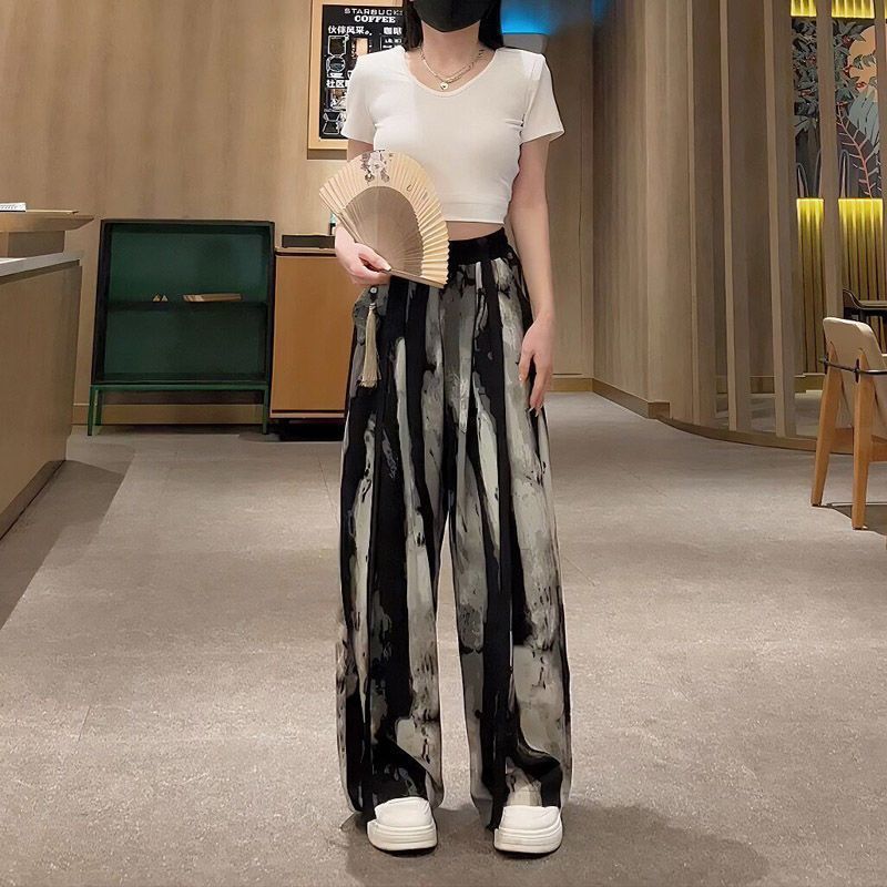 アイスシルクワイドレッグパンツ女性の夏薄い 2025 新しい中国風インクパンツ中国風の妖精クールシフォン日焼け止めパンツ|undefined