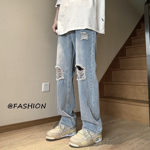 American-style high-street vibe ripped denim jeans for men, summer thin straight-leg trendy brand pants—casual floor-length trousers for spring and autumn