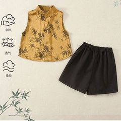 男の子漢服唐装夏服2025新中国風子供新作中国風ベスト1歳ドレス薄手2点セット