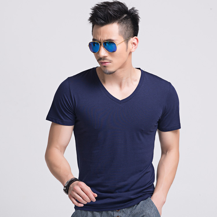 Wholesale men's V-neck large color short sleeved loose t-shirt casual sports chicken neck men's bottom shirt