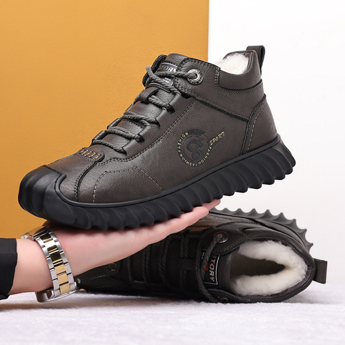 2024 New Leather Men's Cotton Shoes with Fleece Warmth High-top Thick Cotton Shoes Snowproof Snow Boots Men