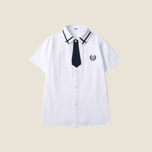 夏款儿童浅蓝短袖衬衫中小学生校服男女童刺绣纯白衬衣班服演出服