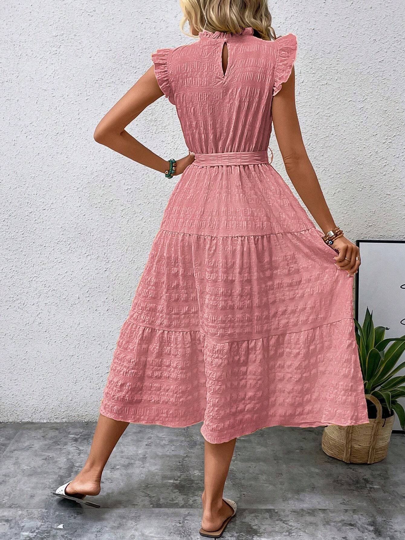 Frau Normales Kleid Strassenmode Überbackener Ausschnitt Kopfsalat Trimmen Ärmellos Einfarbig Midi-Kleid Täglich display picture 10
