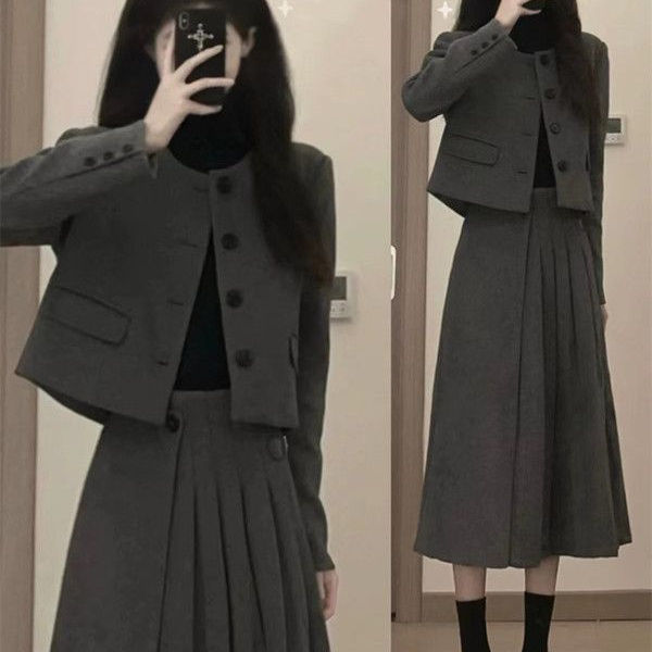 原版质量毛呢套装裙新款气质小个子短款外套女半身裙两件套|undefined