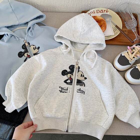 Children's Coat 2025 Spring New Boys' Spring and Autumn Hooded Pullover Korean Style Mickey Girls' All-match Cardigan Top