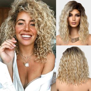 Amazon New European and American Women's Small Lace Brown Partial Short Curly Hair Water Ripple High Temperature Silk Headgear wig