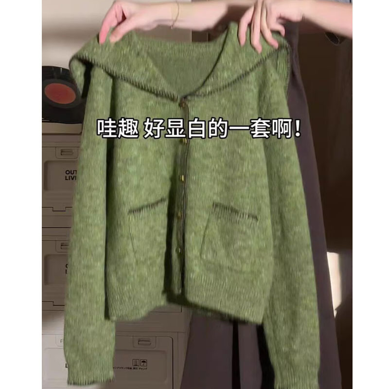 复古绿色毛衣外套女2025春秋新款海军领宽松慵懒针织开衫外穿上衣|undefined