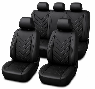 Pu Leather Car Seat Cover, Universal for All Seasons, Full Coverage Seat Cover, Cross-Border Foreign Trade Hot Item, Breathable and Ventilated Seat Cushion 076 # (Seat cushion, seat cover) - black-nine-piece-set
